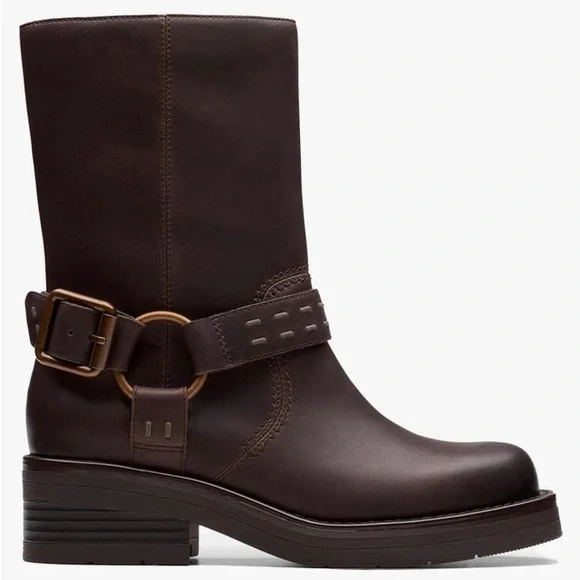 Clarks Rebelle Up Walnut Leather Combat/Moto Boots - Picture 2 of 9